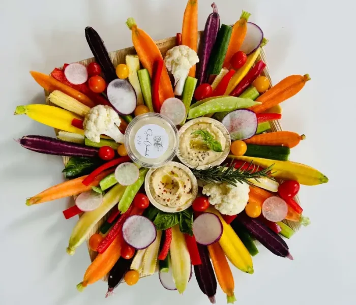 Veggie Board with seasonal vegetables, ranch dip and hummus on a 10×10” bamboo tray — $65 menu item from Shawna Cheeseboards in Reno NV